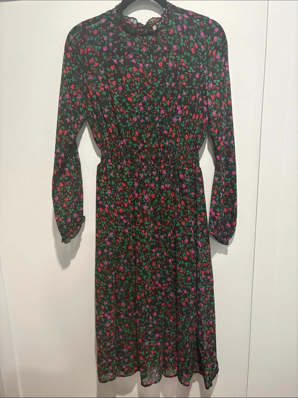 Ladies' Black Floral Midi Dress with Magenta & Red Blooms